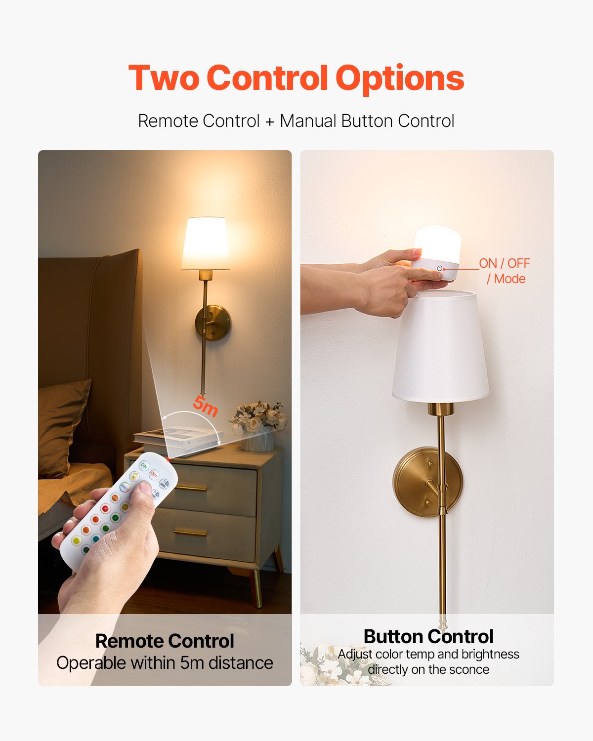 Gold wall sconce showing remote control and manual bulb-button operation.