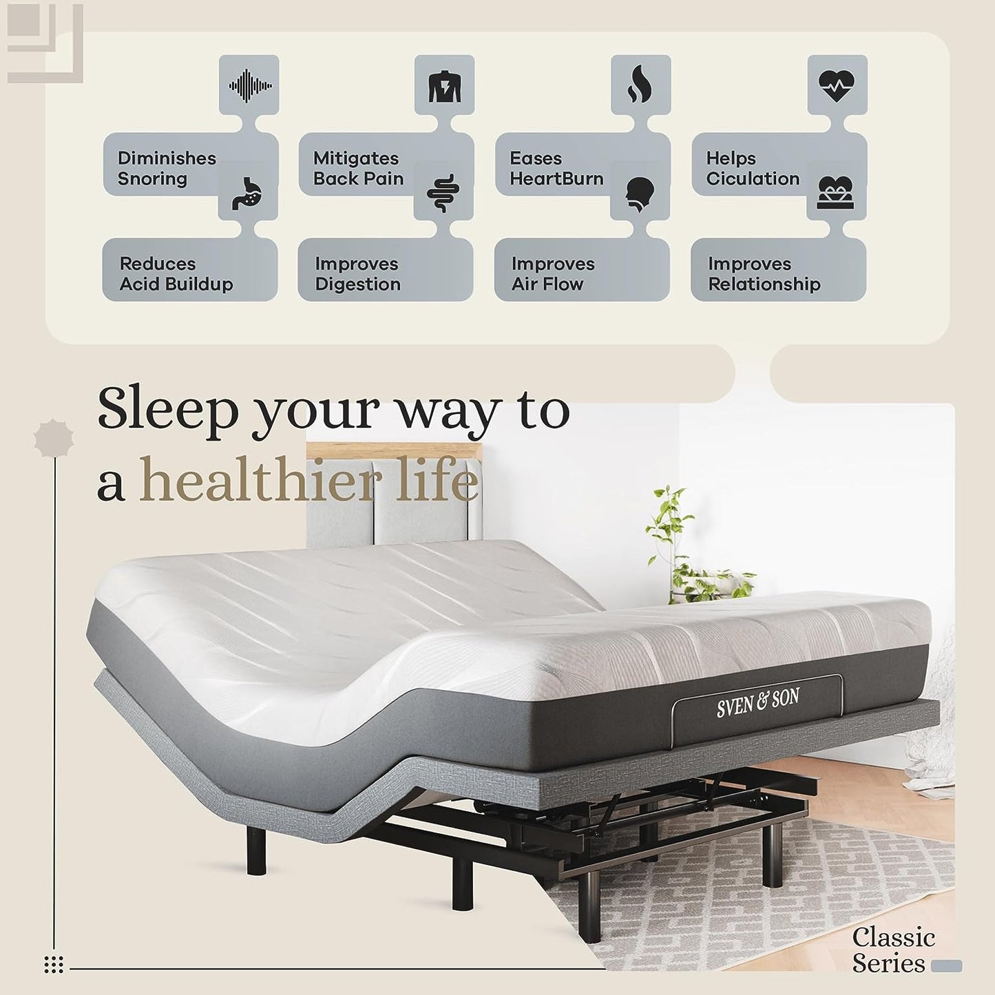 Classic Adjustable Bed Base, Head and Foot Lift, Massage, Under-Bed Lights, USB, Gel Memory, Zero Gravity Smart Frame - King + 14 Inch Hybrid Spring Matt (Medium Soft)