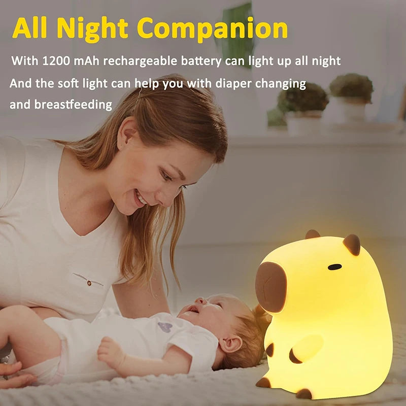Adorable Capybara Night Light - Rechargeable Silicone Touch Bedside Lamp for Kids - Perfect Sleep Companion and Gift!
