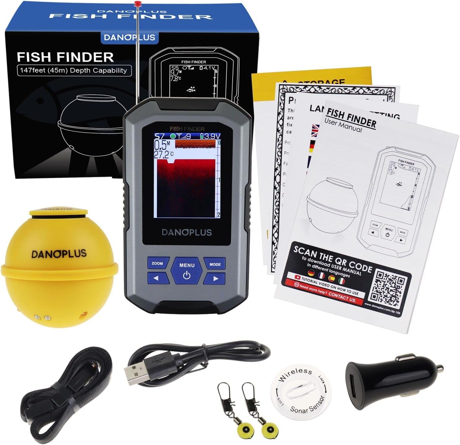 Wireless HD Fish Finder – Castable Sonar, 147ft Depth, Rechargeable & Portable