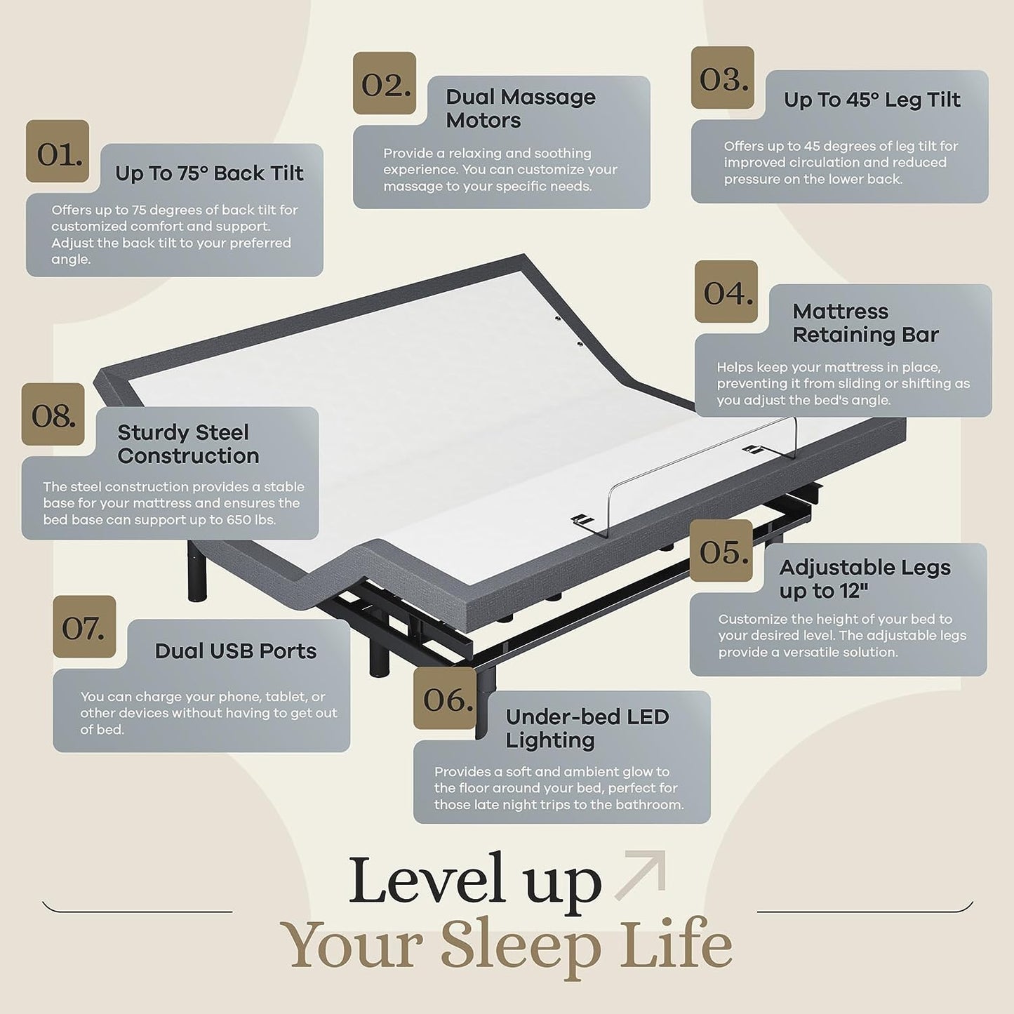 Classic Adjustable Bed Base, Head and Foot Lift, Massage, Under-Bed Lights, USB, Gel Memory, Zero Gravity Smart Frame - King + 14 Inch Hybrid Spring Matt (Medium Soft)