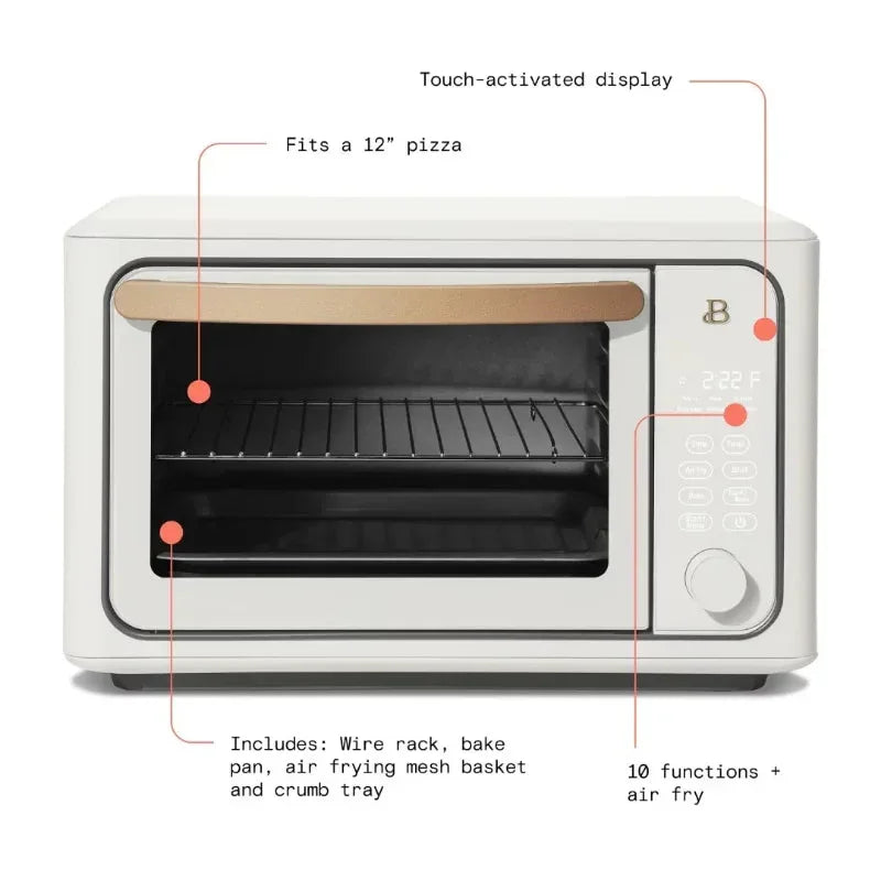 Labeled diagram of the white 6-slice air fryer toaster oven: touch-activated display, fits a 12-inch pizza, 10 functions plus air fry, and includes a wire rack, bake pan, air frying mesh basket, and crumb tray