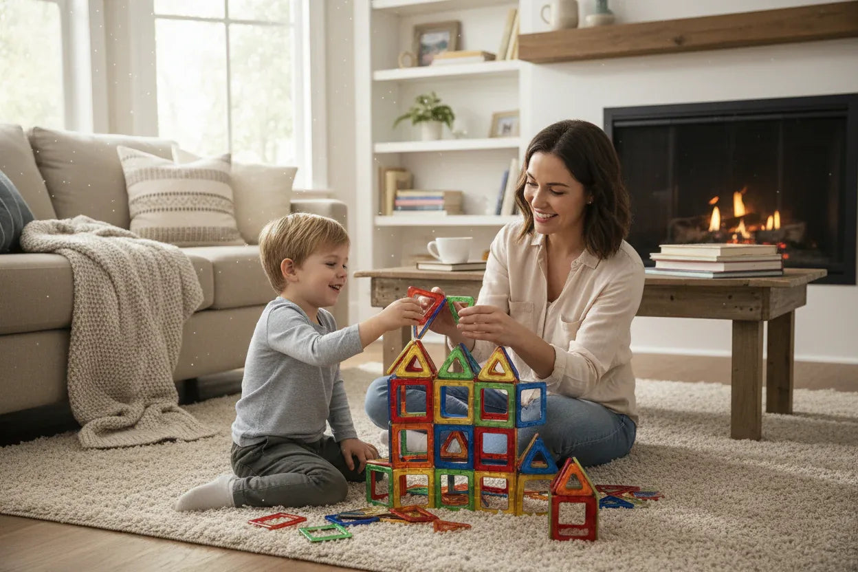 Parent and child building together with colorful magnetic blocks in a cozy living room