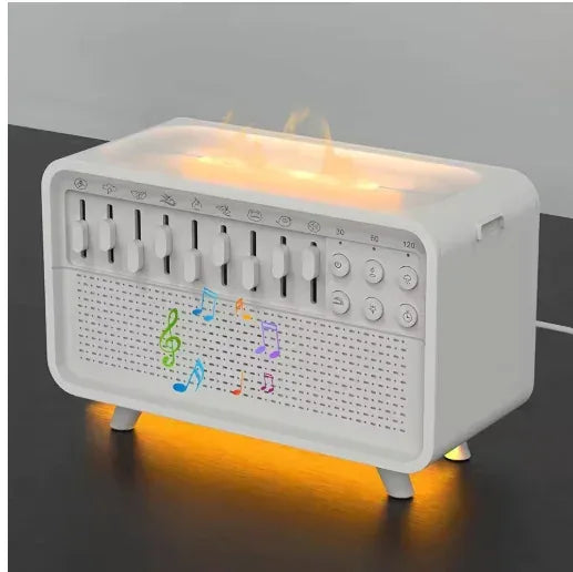 Serenity sleep aid machine with warm flame-style lighting and music playing in a dark room