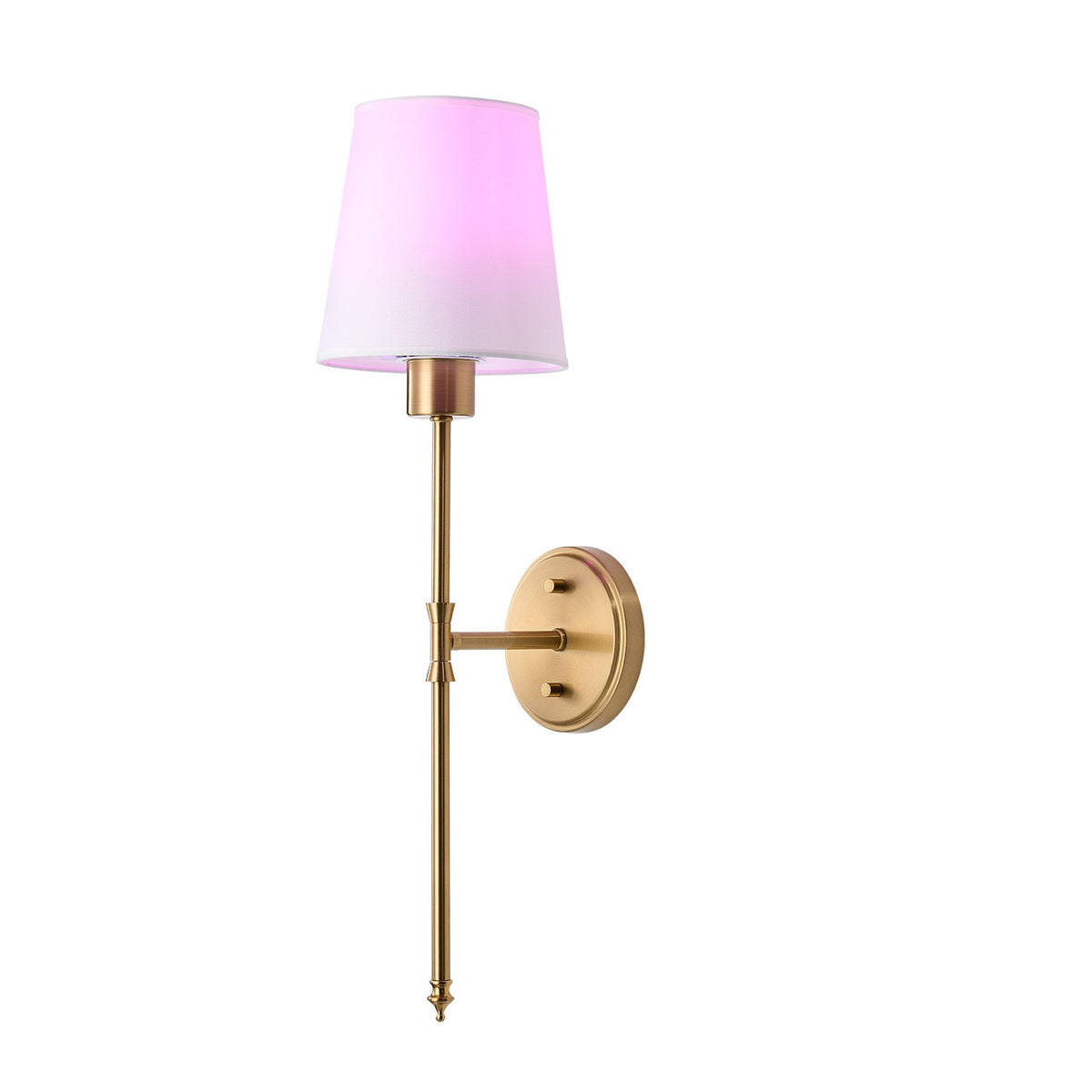 Gold wall sconce with a white shade glowing pink