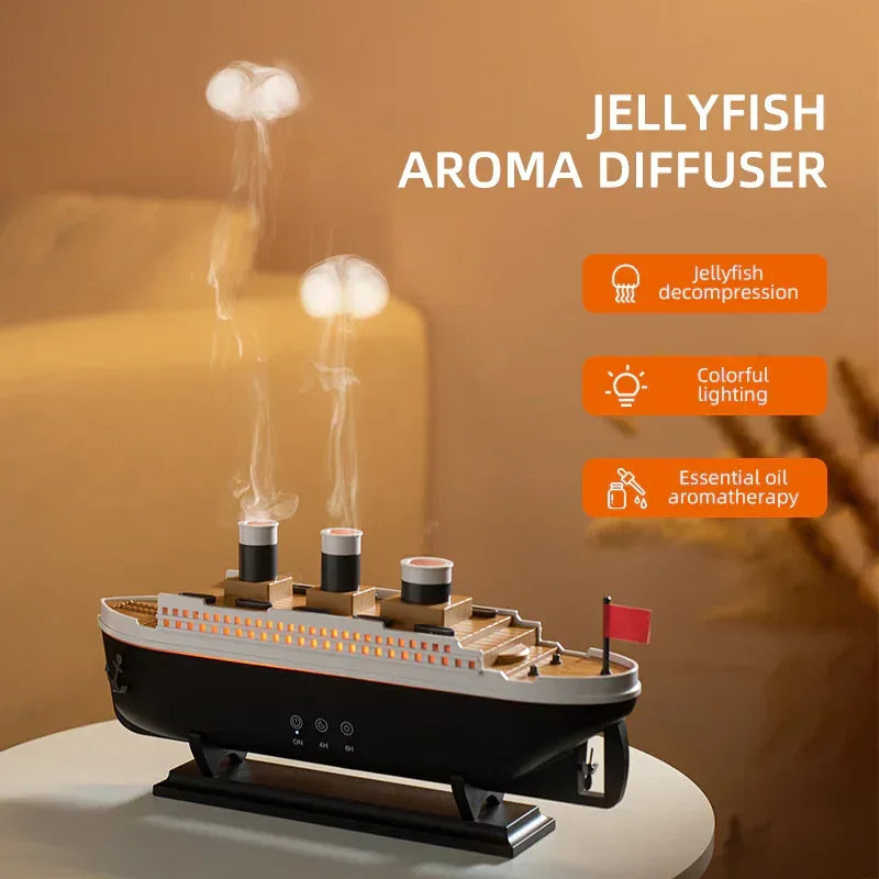 AromaMist ship diffuser with mist rising from its funnels, beside the text jellyfish aroma diffuser and icons for lighting and essential oil aromatherapy