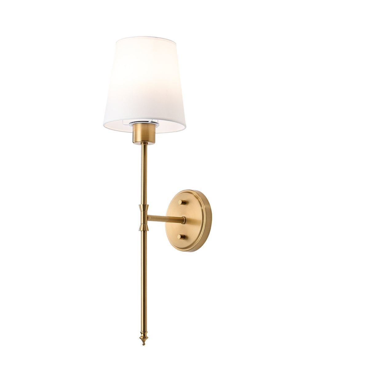 Gold wall sconce with an illuminated white shade and round wall mount