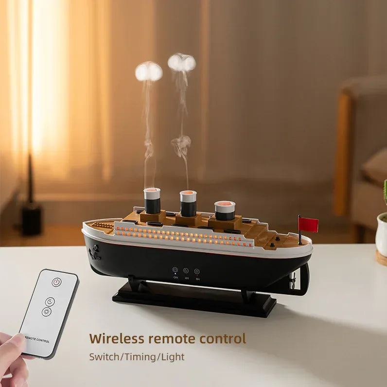 AromaMist ship diffuser with a hand holding its remote control, with the text wireless remote control for switch, timing, and light