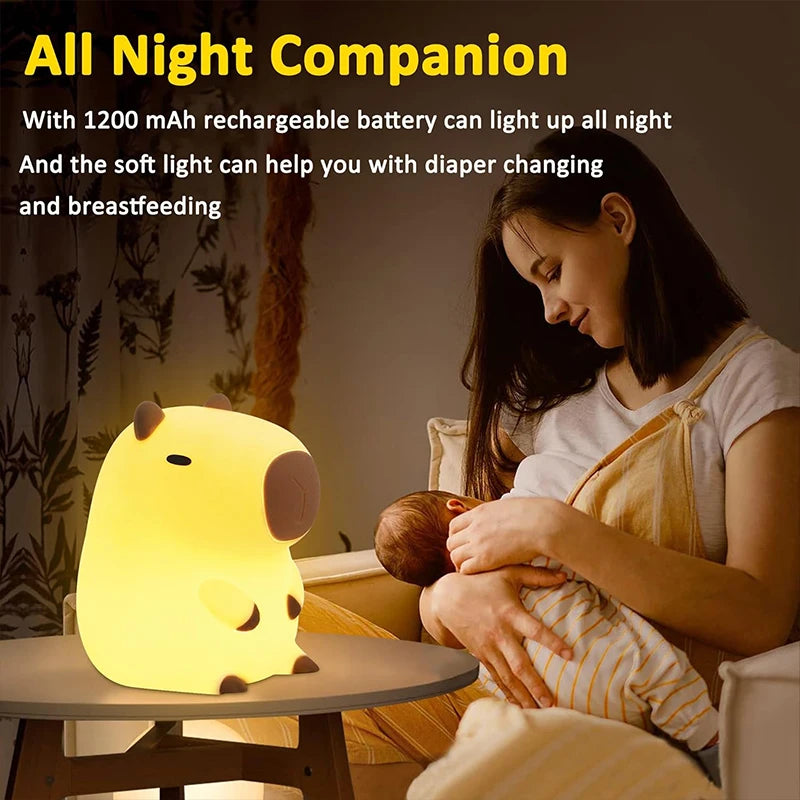 Adorable Capybara Night Light - Rechargeable Silicone Touch Bedside Lamp for Kids - Perfect Sleep Companion and Gift!