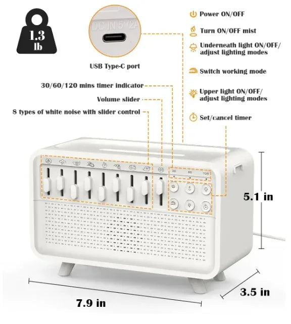 Serenity sleep aid machine dimensions and features: 7.9 x 5.1 x 3.5 inches, 1.3 lb, USB-C port, timer, 8 white noise sounds