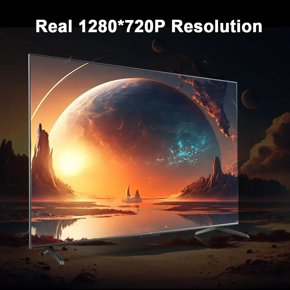 Projected image showing real 1280 by 720p resolution with a planet scene on a flat screen