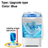 a blue and white blender sitting on a counter 