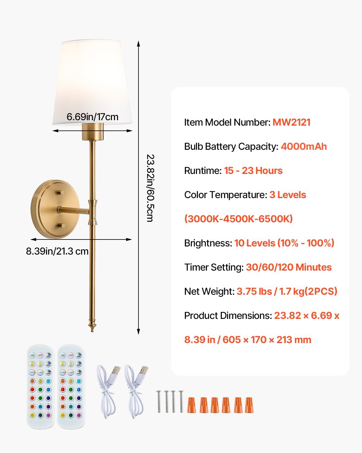Gold wall sconce dimensions and specifications, with remotes, USB cables and mounting hardware