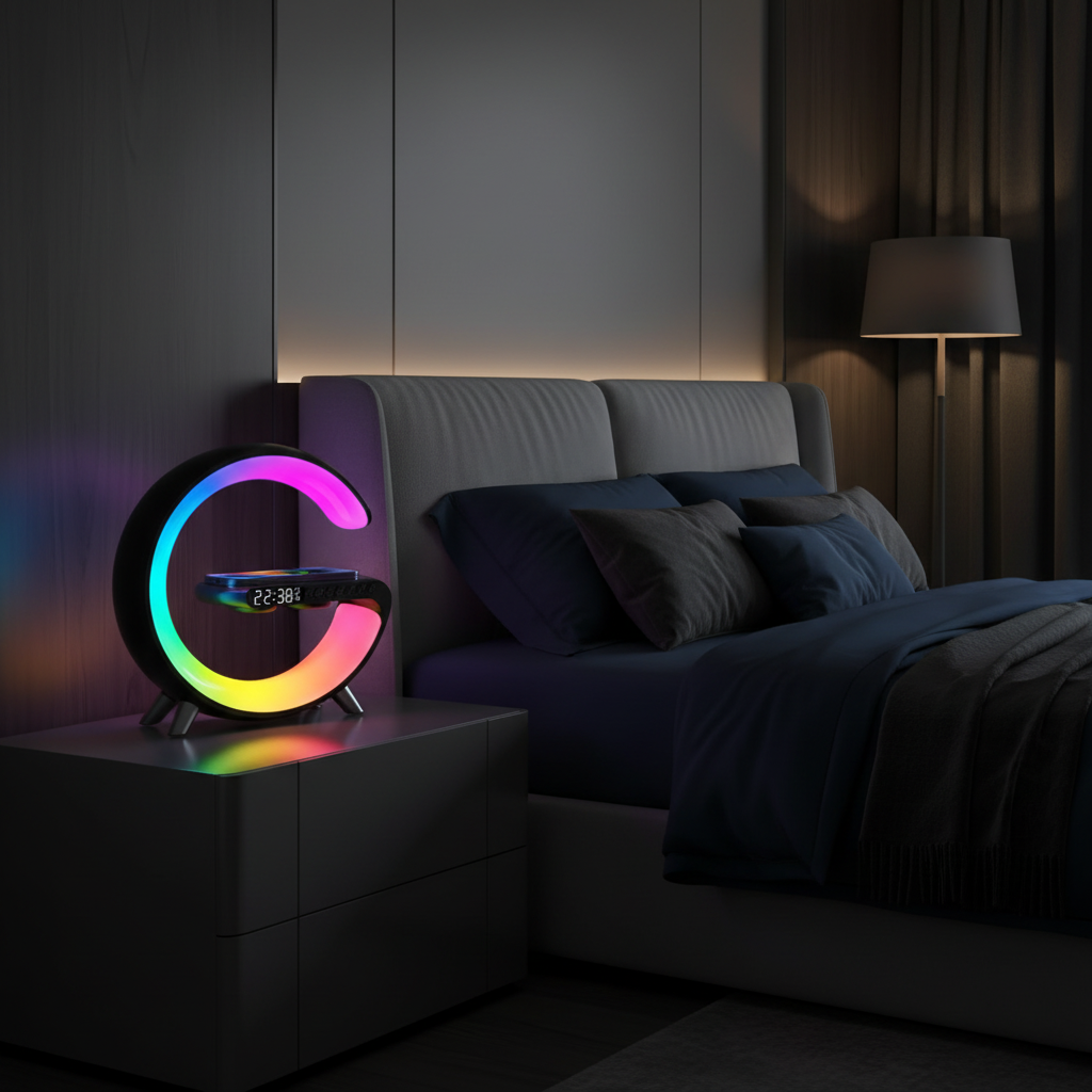 A modern bedroom scene with a glowing circular bedside clock on a dark nightstand beside a bed with blue bedding. The clock has a black body and a rainbow-colored LED ring, with a small digital display in the center showing 23:56.