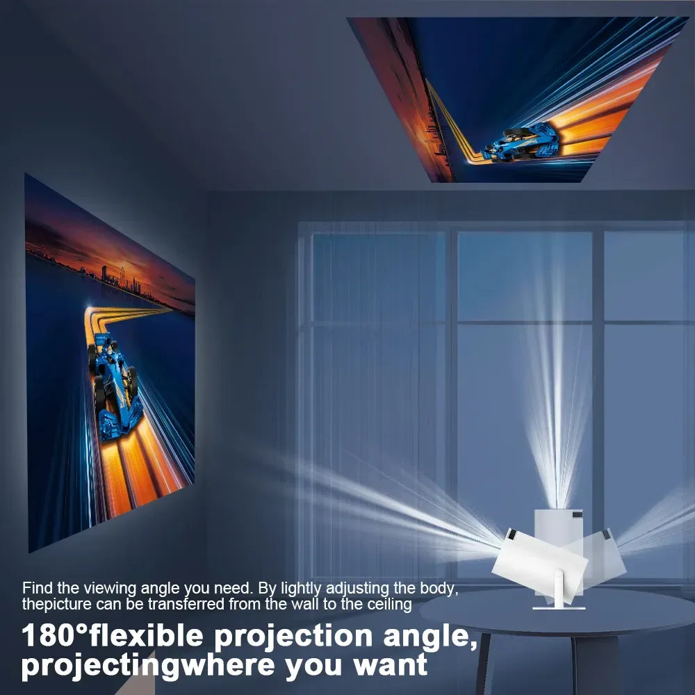 White projector demonstrating its 180-degree adjustable projection angle from wall to ceiling
