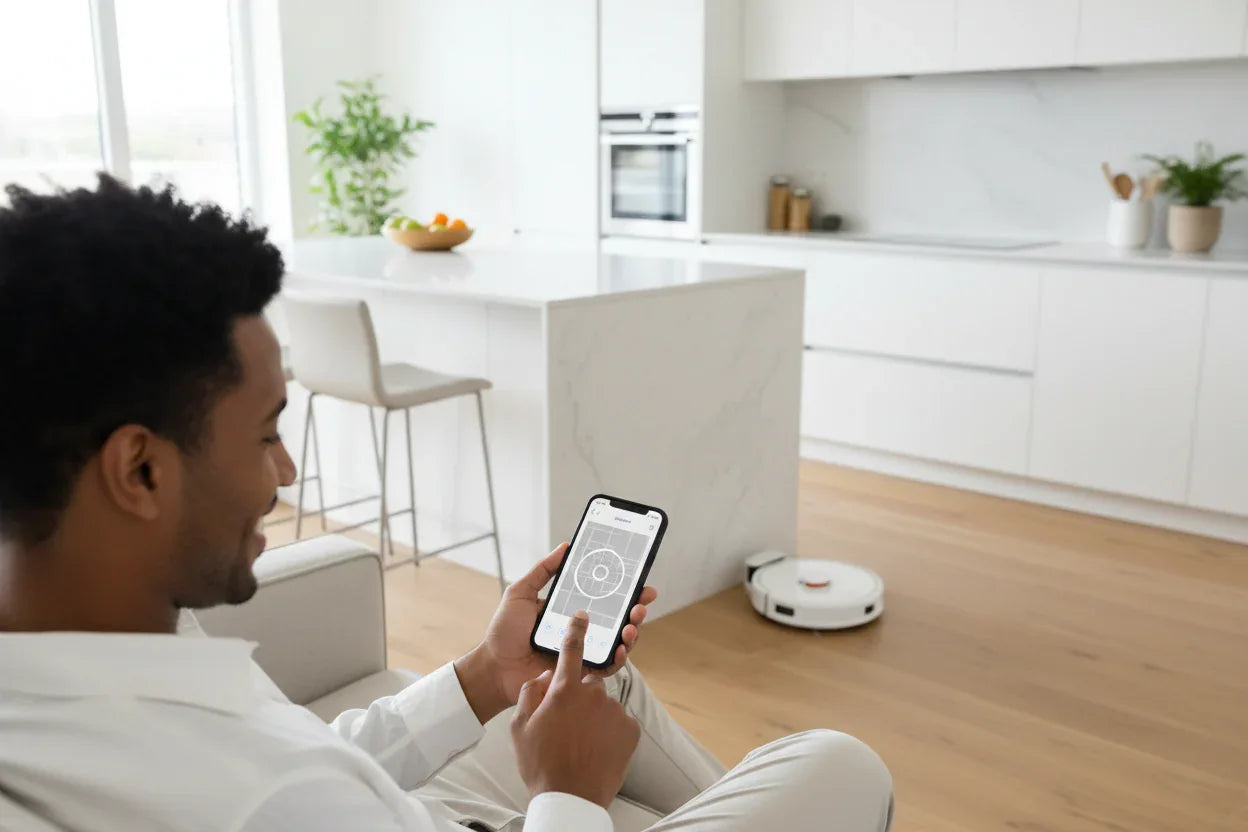 Person controlling robot vacuum with smartphone app in modern kitchen