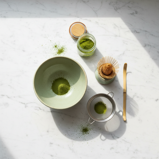 Luxury Matcha Ritual Kit flatlay on white marble with bamboo whisk, ceramic bowl, scoop, sifter and whisk holder