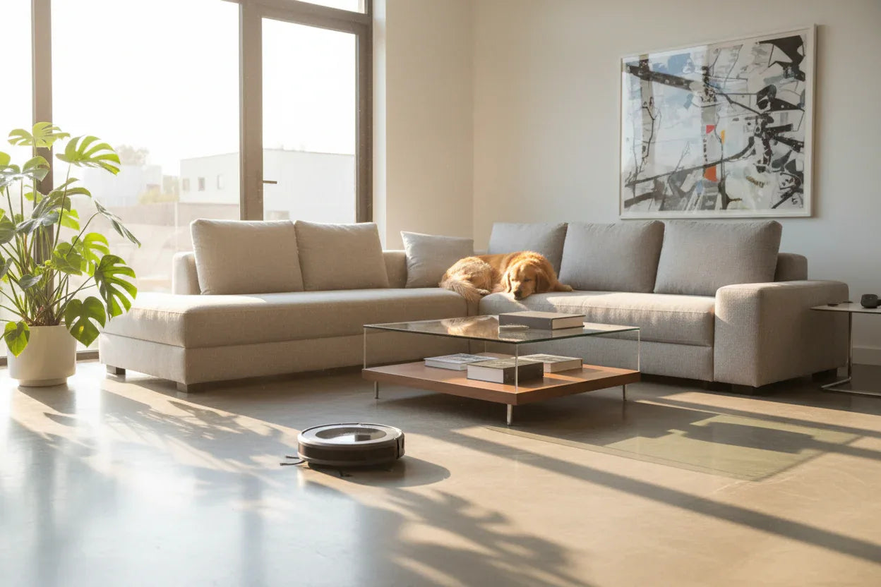 Robot vacuum cleaning living room floor while a dog rests on the couch