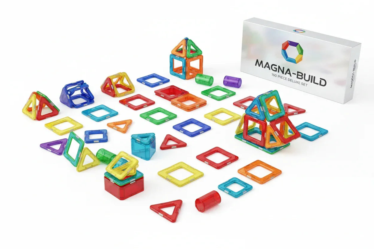 150-piece magnetic blocks set laid out on white background showing all vibrant colors