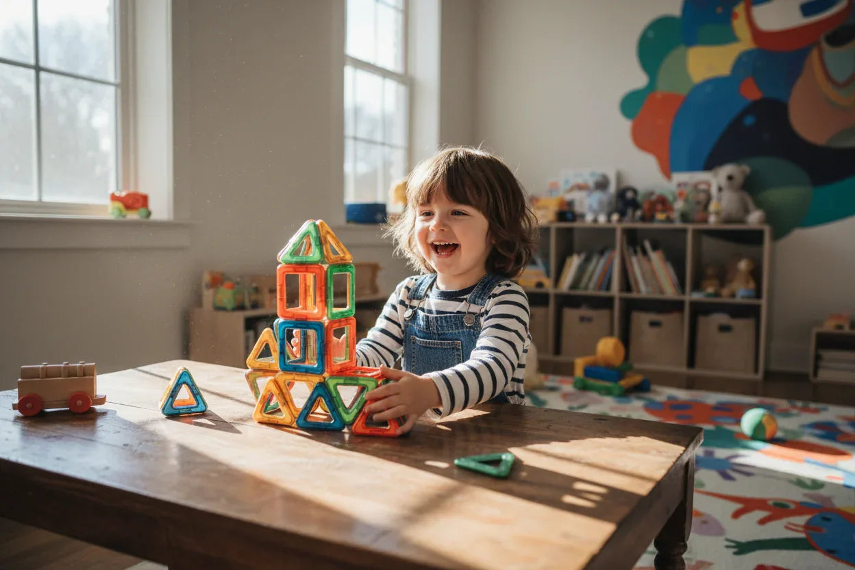 Young child happily playing with colorful magnetic building blocks on a wooden table