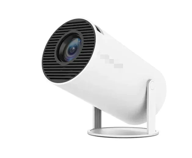 Backyard Cinema white cylindrical HD projector on its stand, angled front view