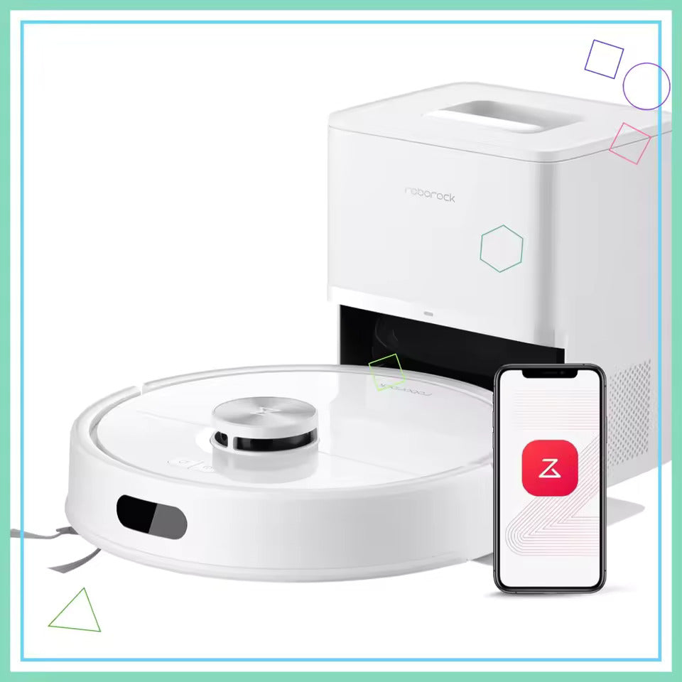 Robotic vacuum cleaner with smartphone displaying app interface on a white background