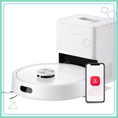 Robotic vacuum cleaner with smartphone displaying app interface on a white background