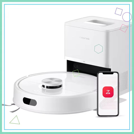 Robotic vacuum cleaner with smartphone displaying app interface on a white background