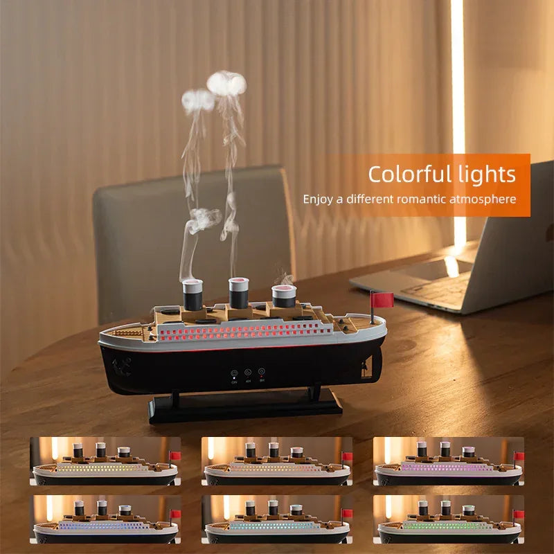 AromaMist ship diffuser on a wooden desk with colorful lighting, and a grid of six color variations below the text colorful lights