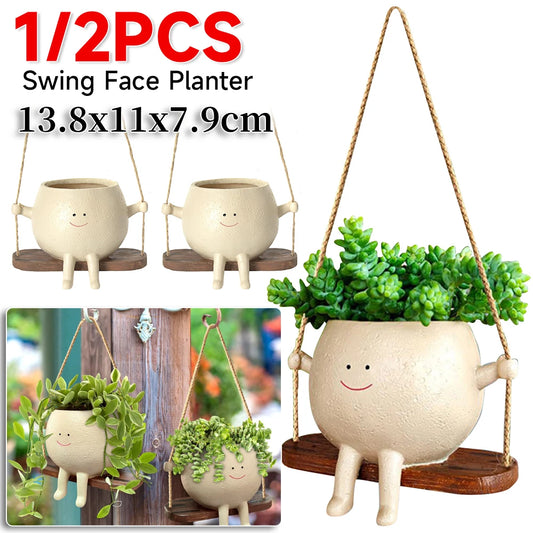 Swing face planter set with 1 or 2 pieces shown hanging with succulents, labeled 13.8 by 11 by 7.9 cm