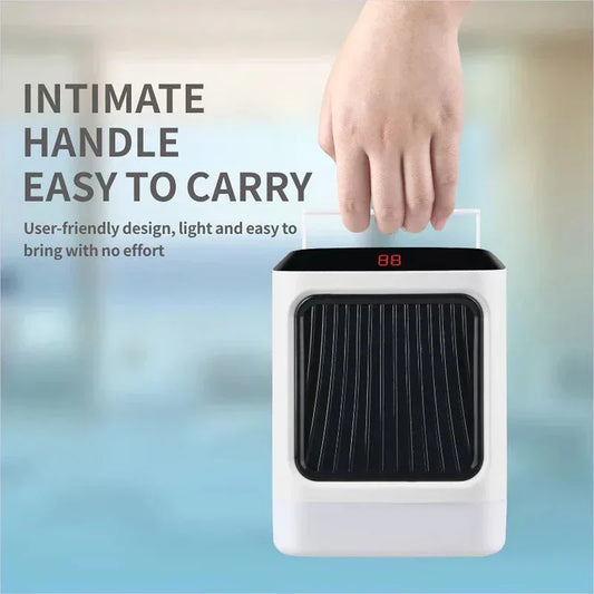 Hand carrying the compact white space heater by its top handle, easy-to-carry design.